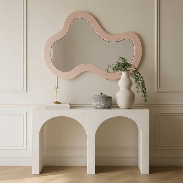 Meridian Furniture Oblique Brushed Pink Iron Sculptural Wall Mirror for Entryways and Living Rooms 440Pink-38M