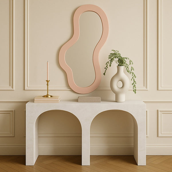 Meridian Furniture Oblique Brushed Pink Iron Wall Mirror Curved Silhouette for Bedroom or Entryway 440Pink-48M