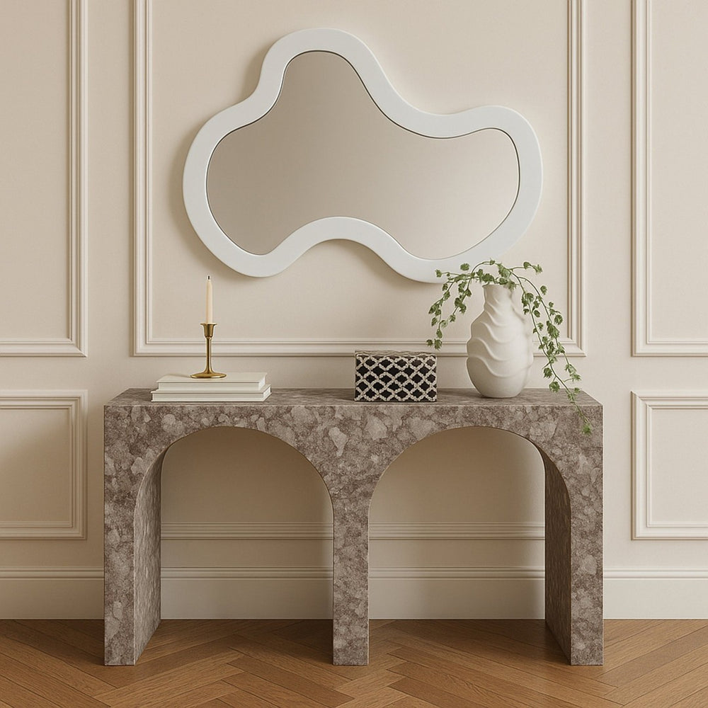 Meridian Furniture Oblique Wrought Iron Wall Mirror Matte White Curved Frame for Modern Entryways 440White-38M