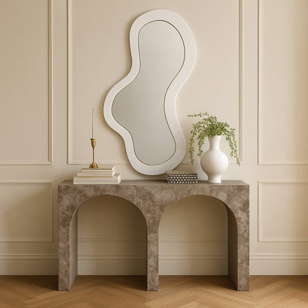 Meridian Furniture Oblique Matte White Iron Frame Wall Mirror with Curved Silhouette for Modern Interiors 440White-48M