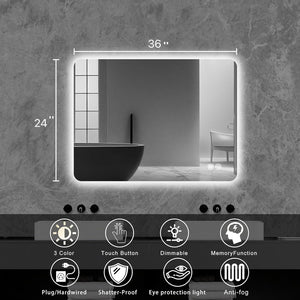 English Elm Rectangular Backlit Mirror Bathroom 24"X36" - Modern Led Illumination, Anti-Fog, & Memory Function W2203P356276-GIGA