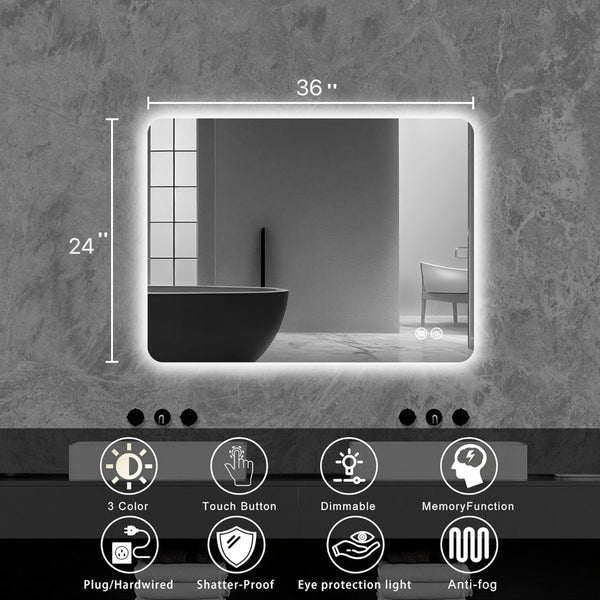 English Elm Rectangular Backlit Mirror Bathroom 24"X36" - Modern Led Illumination, Anti-Fog, & Memory Function W2203P356276-GIGA