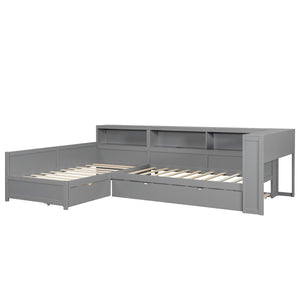 English Elm Wood Twin L-shaped Platform Bed Trundle Shelves Charging Station Kids Room Grey N7090001045E-1