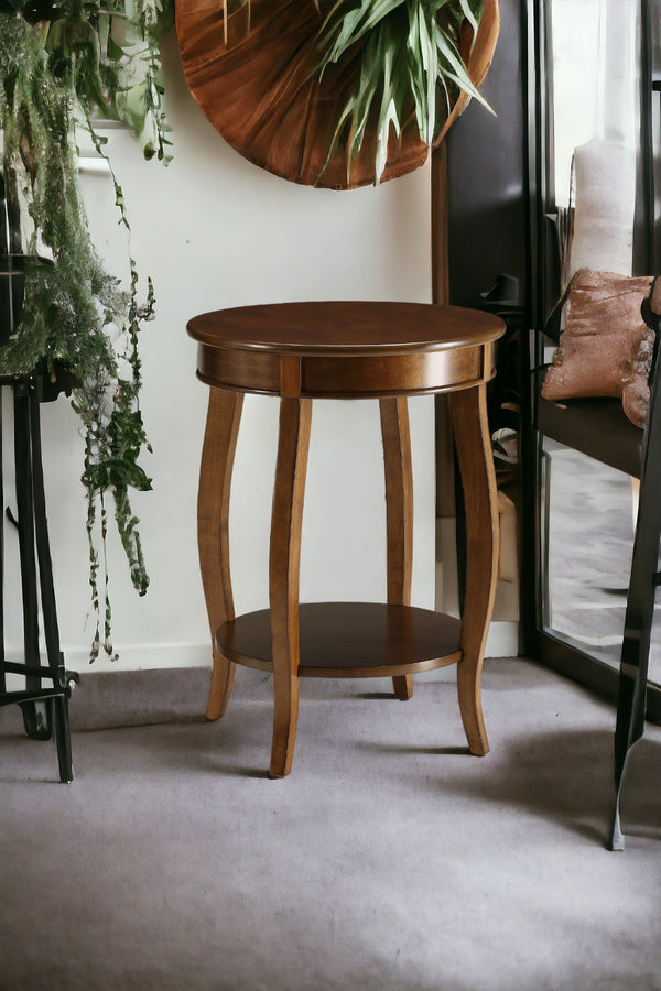 English Elm Aberta Round Walnut Accent Table with Cabriole Legs, Open Bottom Shelf, Solid Veneer Top – Stylish B2726P281894
