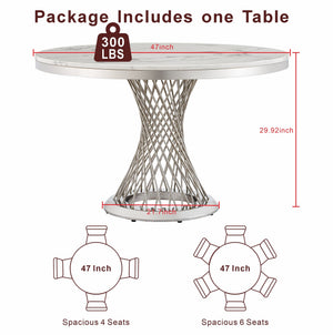 English Elm 47" Round Marble Dining Table - Modern High Gloss Faux Marble Top & Stainless Steel Base, Easy Care W3456S00001