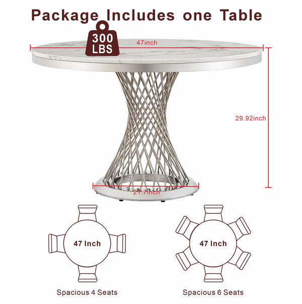 English Elm 47" Round Marble Dining Table - Modern High Gloss Faux Marble Top & Stainless Steel Base, Easy Care W3456S00001