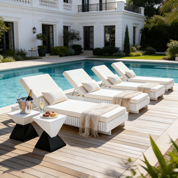 English Elm Modern Acacia Wood Outdoor Chaise Lounge Slatted Reclining Poolside Sun Chair Cream,White N770P281696W_N770P208317C