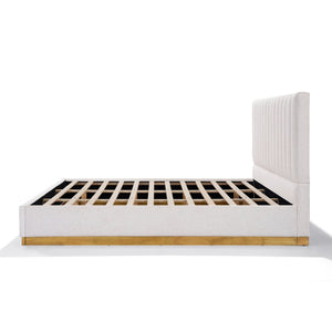English Elm King Upholstered Bed Linen Channel Stitch Tall Headboard Solid Wood Slatted Base N757K339014I