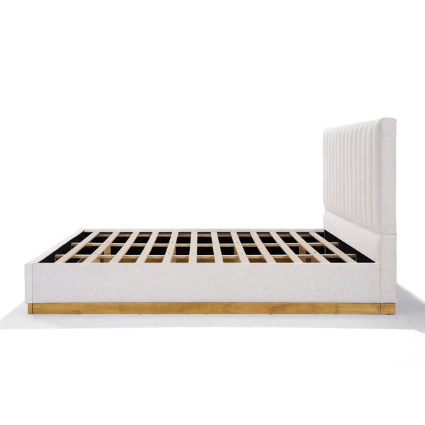 English Elm King Upholstered Bed Linen Channel Stitch Tall Headboard Solid Wood Slatted Base N757K339014I