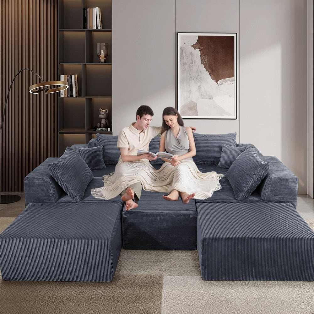 English Elm 8-Piece Modular U-Shaped Sectional Sofa with Oversized Chaise and Bed, Corduroy Luxury, No Assembly Needed Grey W3163S00041