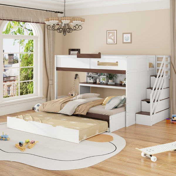 English Elm House-shaped Pine Bunk Bed with Built-in Slide Storage Staircase Twin Over Full Kids Frame White N820S00067K
