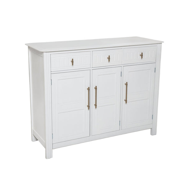 English Elm Cabinet with Three Doors Acacia Wood White Finish Gold Hardware Entryway Dining Storage N780P295774K