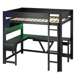 English Elm Wood Full Size Gaming Loft Bed With Integrated Desk, Charging Station & Led Lights - Black Finish N7090004022B-GIGA