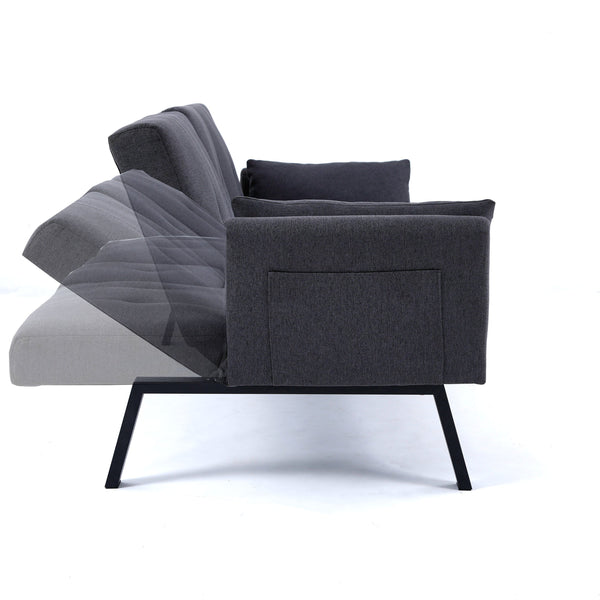 English Elm 70-inch Foldable Cotton Linen Sofa Bed with Cup Holder & Side Storage, Space-Saving 2-Seater Design DARK GREY W3371P337199