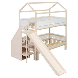 English Elm House-shaped Pine Bunk Bed with Built-in Slide Storage Staircase Twin Over Full Kids Frame Beige+White N820S00082A