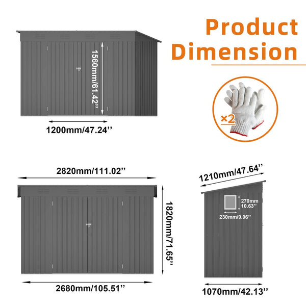 English Elm 4 X 9 Ft Galvanized Steel Outdoor Shed with Vented Sloped Roof and Wide Swing Doors W3213S00006