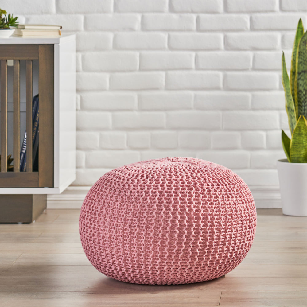 English Elm Christopher Knight Home® - KNITED Pouf Pink Cotton Knit Ottoman with Bead Filling, Modern Round Accent Seat for Cozy Contemporary Rooms 62653.00PNK