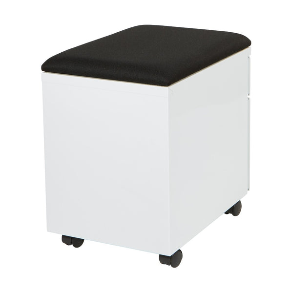 OSP Home Furnishings Mobile Steel File Cabinet with Padded Seat Locking Drawers and Casters for Home Office BXPMC22BF-WH