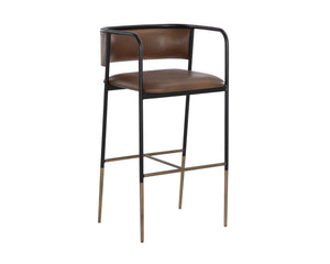 Sunpan Brenan Counter Stool - Elegant Curved Backrest, Unique Faux Leather, Black Metal Frame & Brass Caps Bravo Cognac