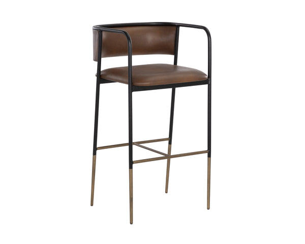 Sunpan Brenan Counter Stool - Elegant Curved Backrest, Unique Faux Leather, Black Metal Frame & Brass Caps Bravo Cognac