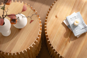 English Elm Retro Cylindrical Coffee Tables Set Of 2 - Textured Relief Design For Stylish Living Room & Office Use W757S00029-GIGA