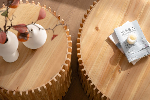 English Elm Retro Cylindrical Coffee Tables Set Of 2 - Textured Relief Design For Stylish Living Room & Office Use W757S00029-GIGA