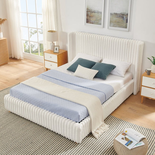 English Elm Queen Storage Bed Plush Ribbed Rabbit Fur Upholstery Gas Lift Platform Modern Luxury W1413S00181