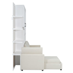 English Elm Queen Wall Bed with Linen Sofa and Open Shelving for Studio or Guest Room LP000592AAK-3