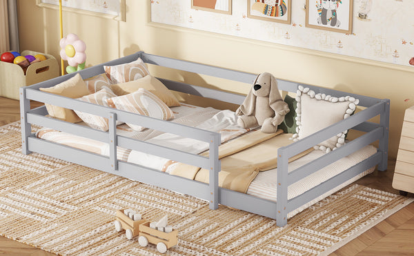 English Elm Twin Pine Montessori Floor Bed with Safety Fence — Grey Low-Profile Kids Twin Frame, 77"x38.9" Interior W1820P369890