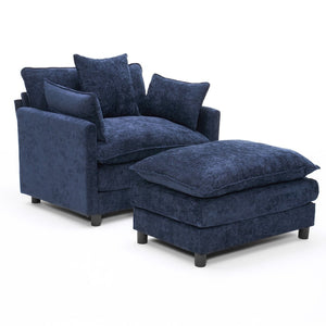 English Elm 39.4" Chenille Club Chair with Ottoman Solid Wood Frame Contemporary Living Room Seat Blue W3244P427715