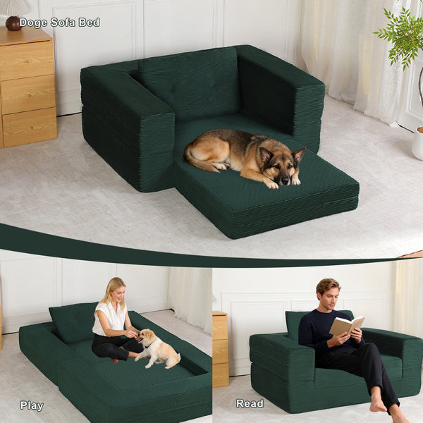English Elm Compression Human Dog Sofa Bed 3-in-1 Folding Corduroy Floor Couch with Memory Foam Pillow for Living Room Dark Green W3723P376786
