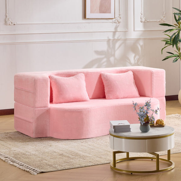 English Elm 71-inch plush folding sofa bed with high-density foam, faux fur futon convertible for guests and yoga Pink W1829P362300
