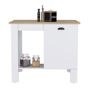 English Elm Kitchen Island 35" H With Storage Cabinet & Open Shelves - White/Macadamia Finish For Modern Spaces B097132932