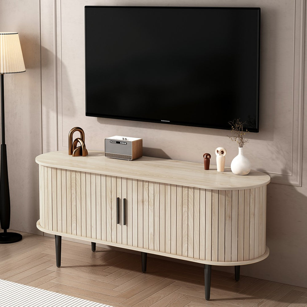 English Elm Tv Stand 47 Inch Mid-century Console with Fluted Sliding Door and Tapered Wood Legs W2641P442533