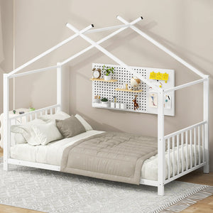 English Elm Twin Metal House Platform Bed with Slat Kit for Kids Sleepovers Sturdy Frame Elegant Silhouette 63.8"H White MF322835AAK