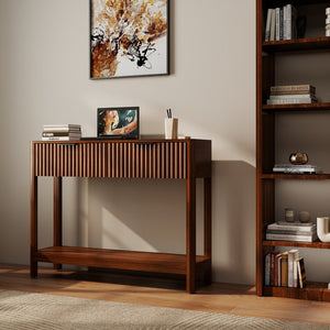 English Elm Mid-century Modern Console Table Fluted Drawers Walnut Finish Slim Entryway Sofa W2557P430472
