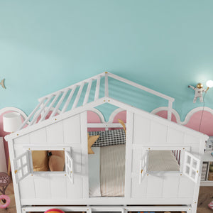 English Elm Full Size House Loft Bed With Roof & Windows, 4 Storage Drawers, Pine Wood, Safe Guardrails & Ladder W504S00242