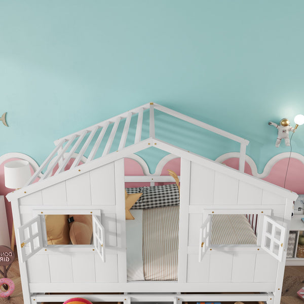 English Elm Full Size House Loft Bed With Roof & Windows, 4 Storage Drawers, Pine Wood, Safe Guardrails & Ladder W504S00242