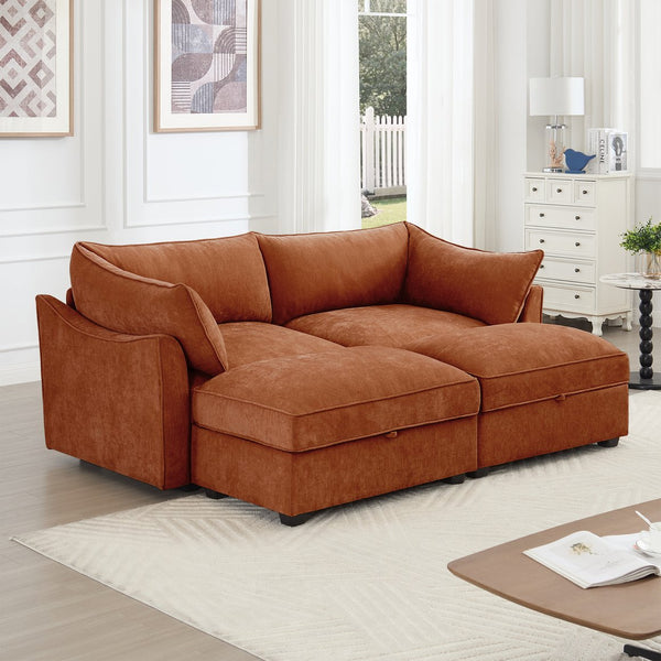 English Elm 2 Seater Sofa With Footrest, Movable Ottomans & Hidden Storage - Stylish Chenille For Small Spaces W3041S00204