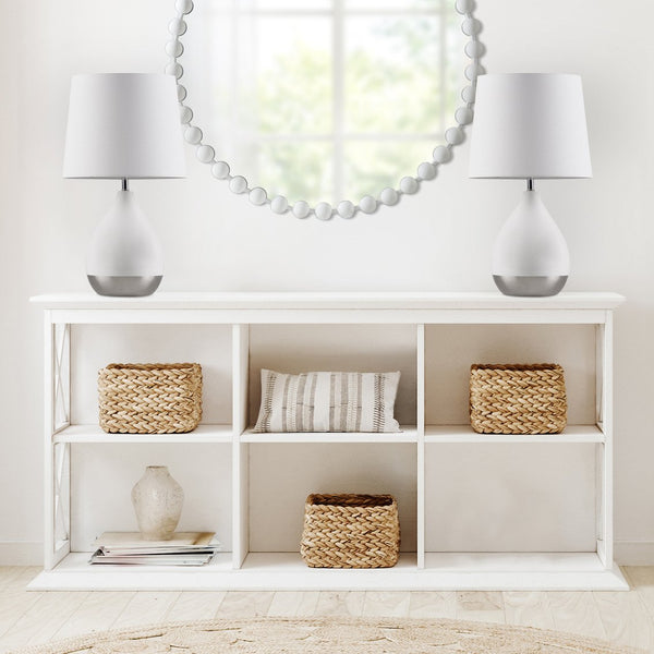 English Elm 2-Tone Ceramic Table Lamp Set of 2 with Elegant Silvery Accents, Modern White Ceramic Bases, 21.5"H White+Silver 19.1 L x 15.35 W x 15.35 H B035P264515