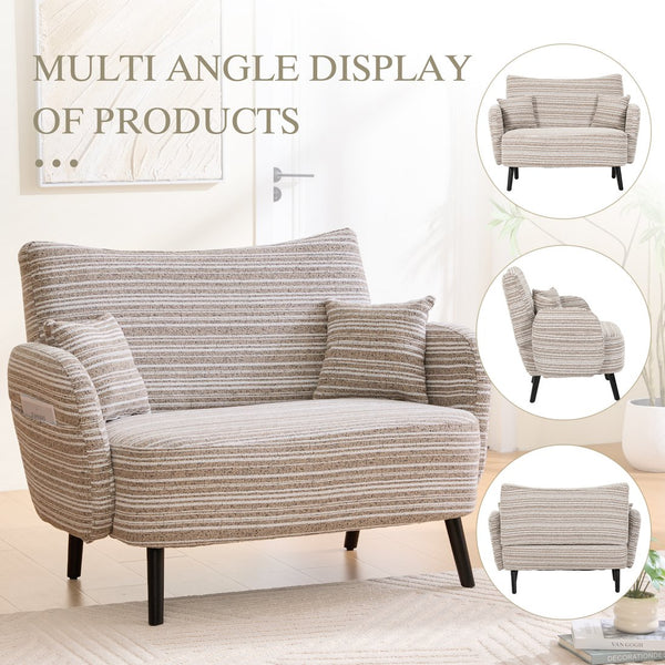 English Elm Modern tufted two-seater sofa with boucle upholstery, tapered legs, storage pockets, cozy compact design khaki W395P376587