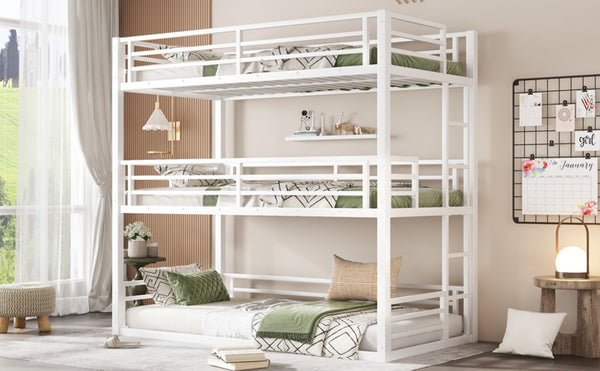 English Elm Twin Xl Triple Bunk Bed - Heavy-Duty Metal Frame With Safety Guardrails & Noise-Reduced Design, White W1580S00165-GIGA