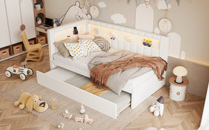 English Elm Upholstered Twin Platform Bed with Trundle, Linen Backrest, Built-In USB Ports & LED Accent Lighting White DL001919AAK