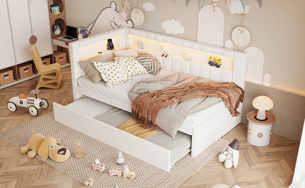 English Elm Upholstered Twin Platform Bed with Trundle, Linen Backrest, Built-In USB Ports & LED Accent Lighting White DL001919AAK