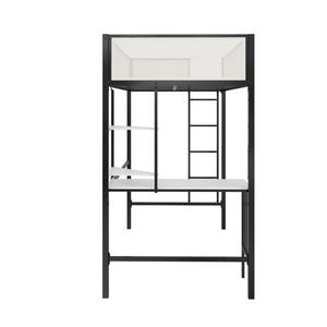English Elm Axel Twin Loft Bed with Desk, Shelves & Mesh Guardrails — Space-Saving Metal Frame for Kids Teens Dorms B2733P358857