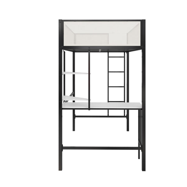 English Elm Axel Twin Loft Bed with Desk, Shelves & Mesh Guardrails — Space-Saving Metal Frame for Kids Teens Dorms B2733P358857