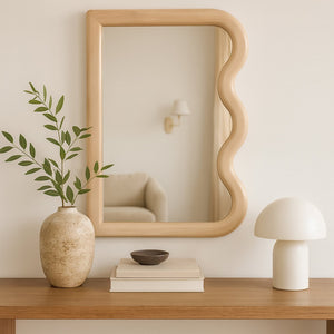 Meridian Furniture Winnie Art Deco Poplar Wood Wall Mirror with Geometric Frame for Bedroom or Entryway Decor Natural 441Natural-M