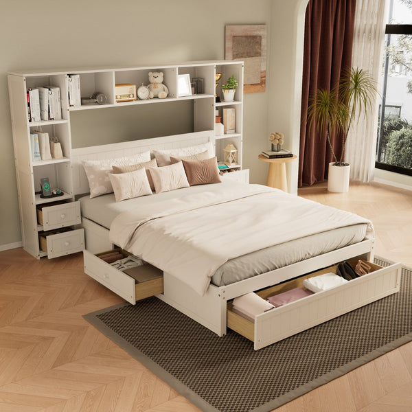 English Elm Queen Pine Wood Platform Bed with Built-In Nightstands, 2 Charging Stations, 3 Drawers & Storage BS701P286275K