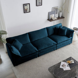 English Elm Mid-Century 3-Seater Sofa In Soft Blue Chenille With 5 Plush Pillows - Stylish Living Room Comfort W714S00600