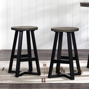 English Elm Walker Edison - Rustic Solid Pine Round Dining Stool in Distressed Grey Finish with Capped Feet, Lightweight Design B185P168990
